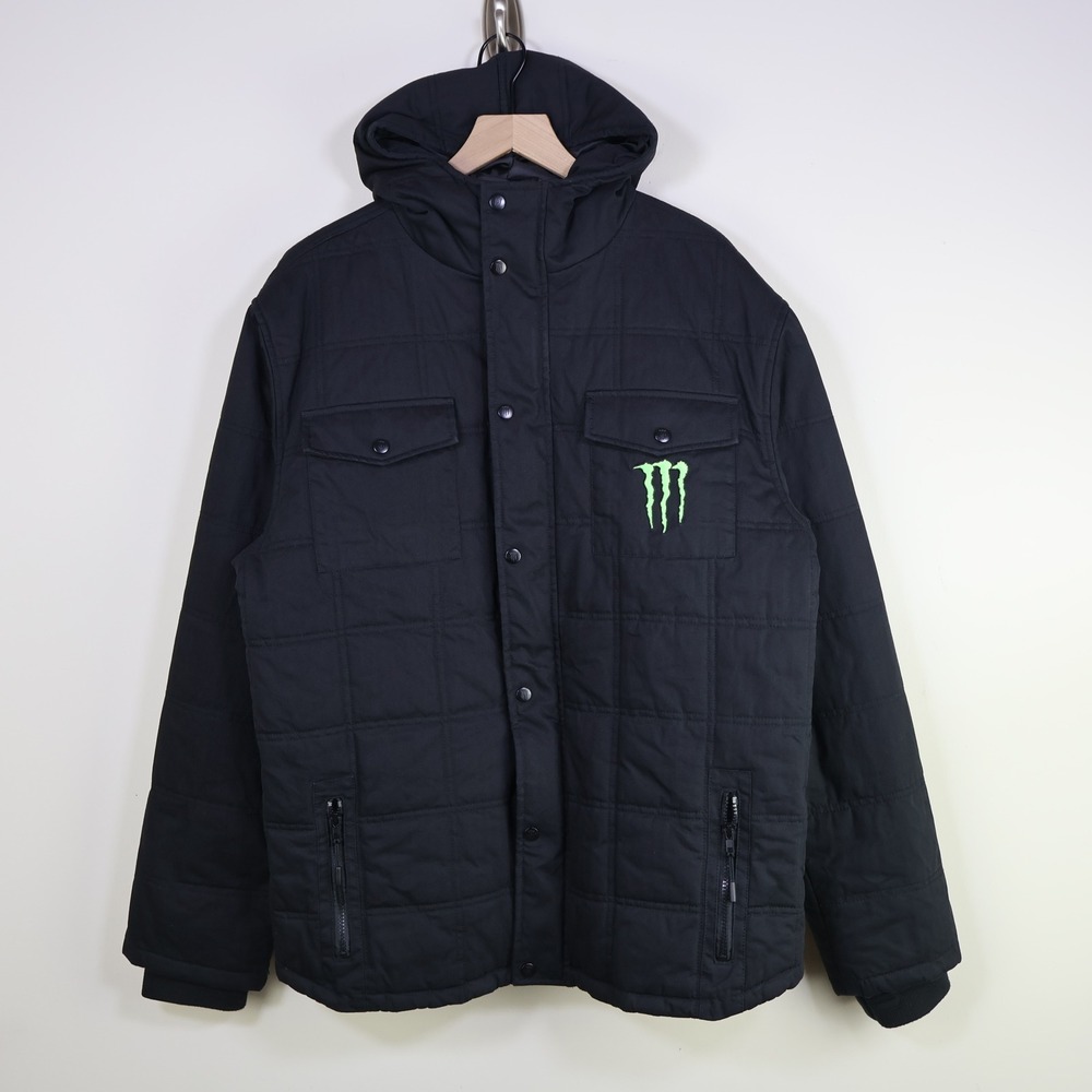 Monster Energy Quilted Hooded Parka Jacket XL Winter Snowboard Black Cotton